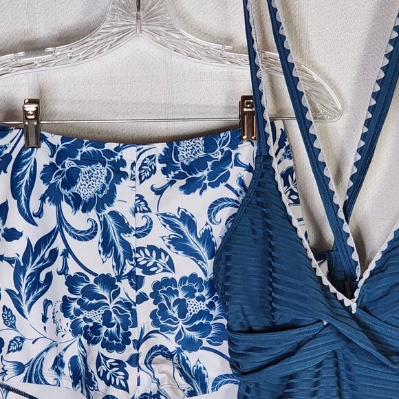 Rotita Peacock Blue Criss Cross Ties Floral Bottom Poly Span Tankini Set Size S - Picture 2 of 16